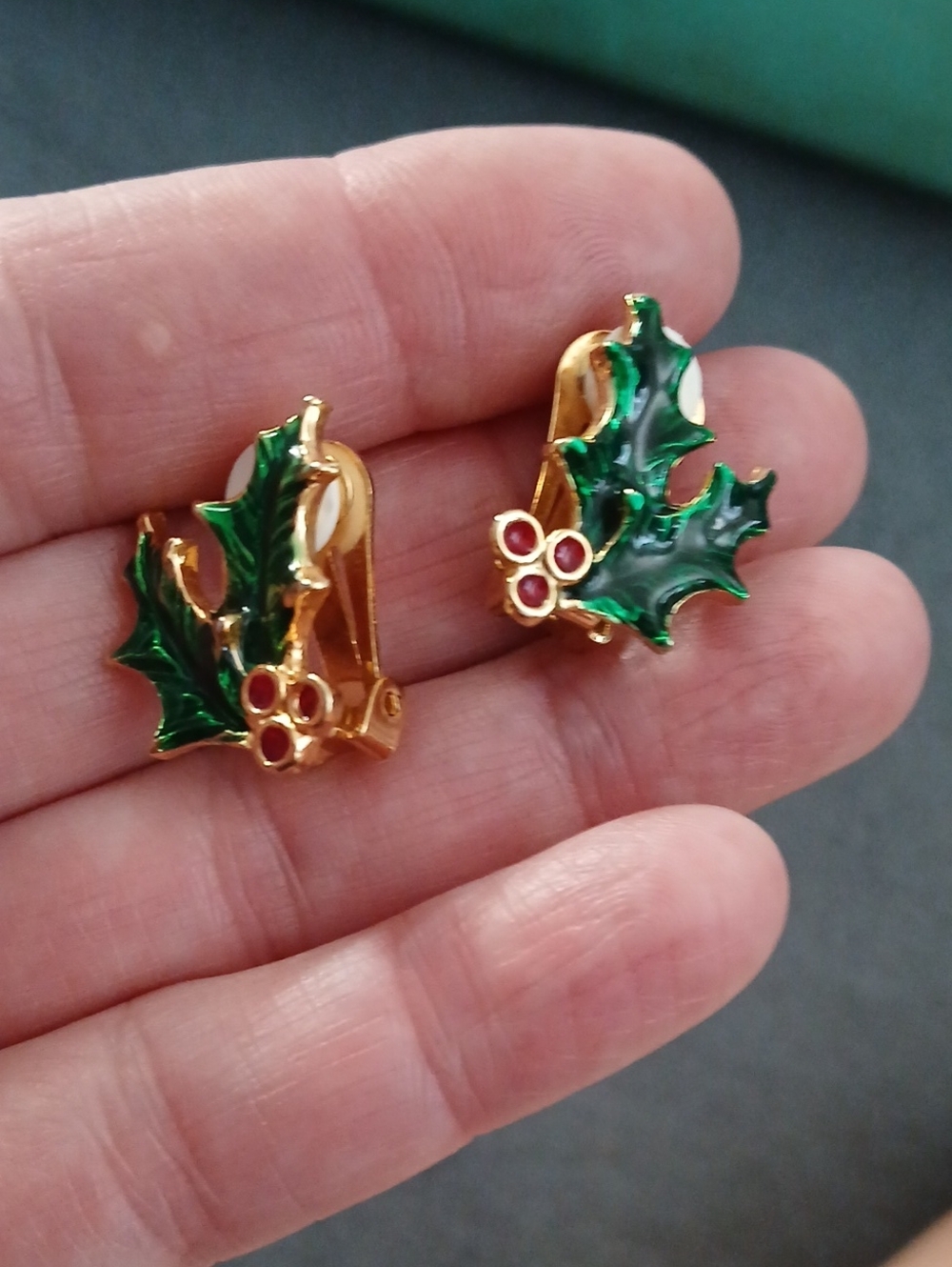 Festive Green Holly Clip-On Earrings with Red Berries - Women Jewelry